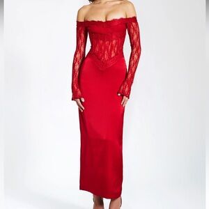 Miss Circle Red Lace Satin Corset Maxi Dress